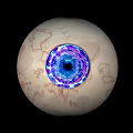 Human Eyes With Blue Pupils Red Blood Vessel Patterns And Green Outline On Black Background