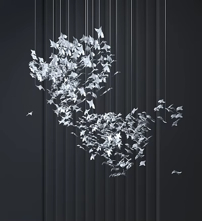 Silver Butterfly Shaped Chandelier With Hanging Metal Wings Against Black Background 3d model