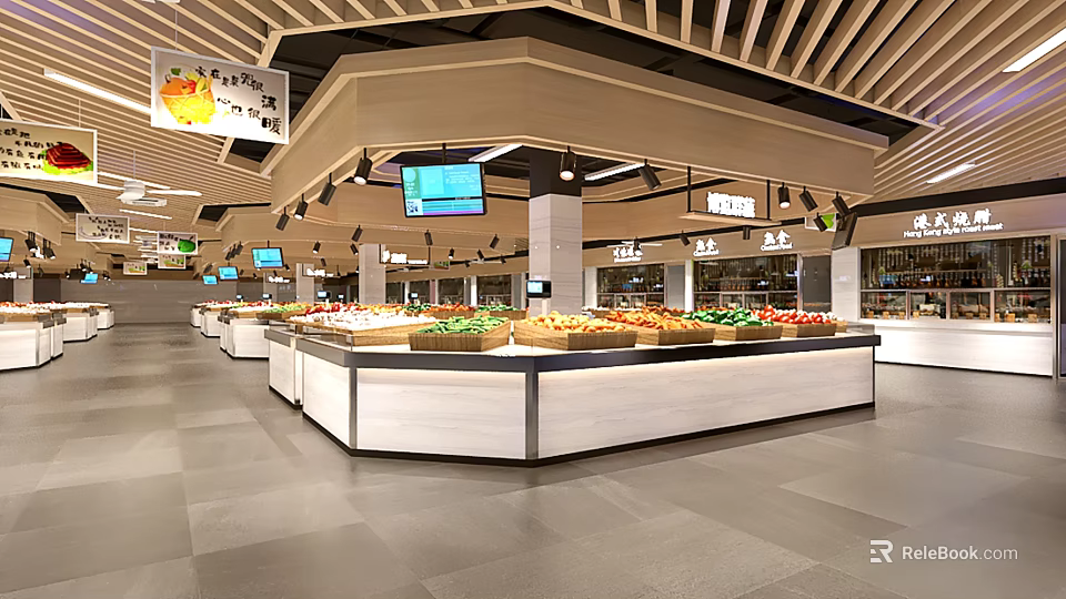 Supermarket Grocery Section With Fresh Fruits Vegetables Display Counters Bright Lighting And TV Screens 3d model 