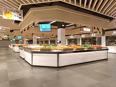 Supermarket Grocery Section With Fresh Fruits Vegetables Display Counters Bright Lighting And TV Screens 3d model