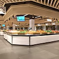 Supermarket Grocery Section With Fresh Fruits Vegetables Display Counters Bright Lighting And TV Screens