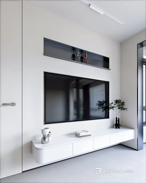 Modern Living Room Interior With Wall Mounted TV White Stand Decorative Pieces And Potted Plant 3d model 