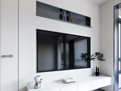 Modern Living Room Interior With Wall Mounted TV White Stand Decorative Pieces And Potted Plant 3d model