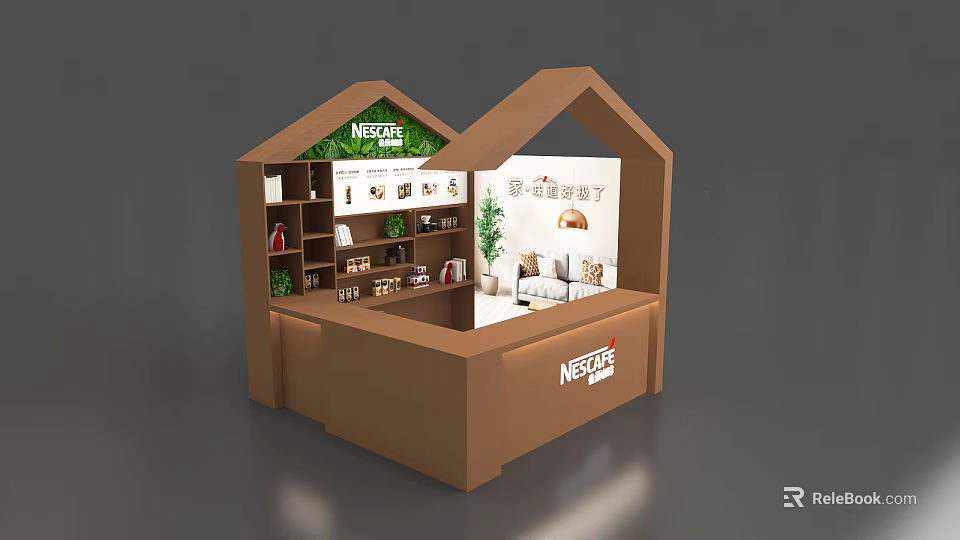 Nestle Exhibition Display Shelves With Creative Hut Structure And Interior Arranged Products 3d model 