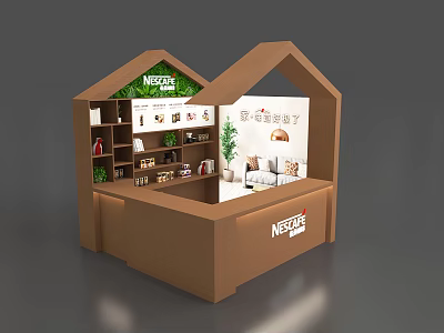 Nestle Exhibition Display Shelves With Creative Hut Structure And Interior Arranged Products 3d model