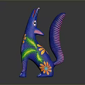 Blue Fox Shaped Decorative Figurine With Floral Patterns Green Leaves And Purple Pink Striped Tail