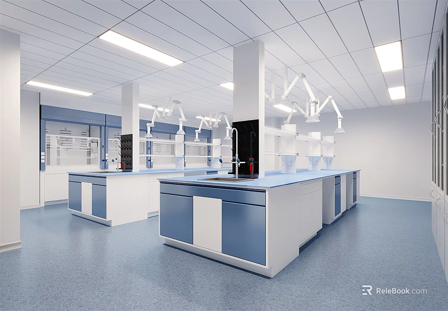 Spacious Laboratory Interior Design With Multiple Blue Lab Benches And Ceiling Lights 3d model 
