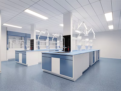 Spacious Laboratory Interior Design With Multiple Blue Lab Benches And Ceiling Lights 3d model