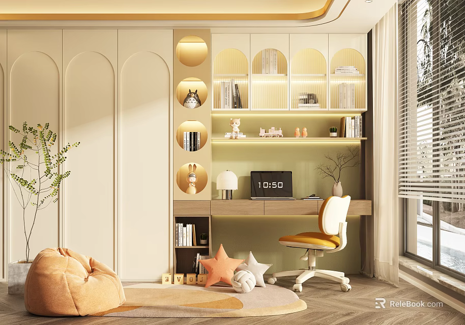 Modern Beige Wardrobe With Arc Design Built in Bookshelves Display Shelves And Warm Lighting 3d model 