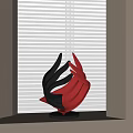 Abstract Red And Black Sculpture With Curved Shapes On Windowsill And Window Blinds Background