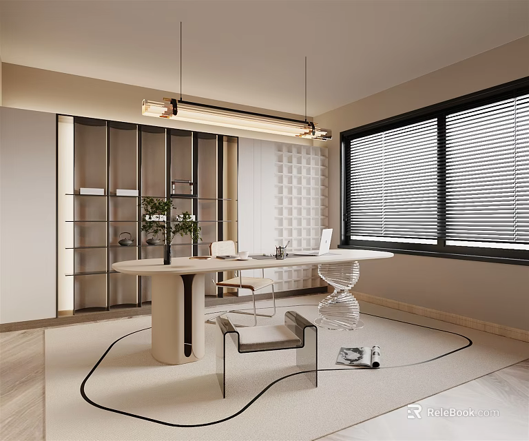 Modern Study Room Interior With Wooden Desk Bookshelves Comfortable Chairs Pendant Lights And Window Blinds 3d model 