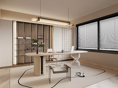 Modern Study Room Interior With Wooden Desk Bookshelves Comfortable Chairs Pendant Lights And Window Blinds 3d model