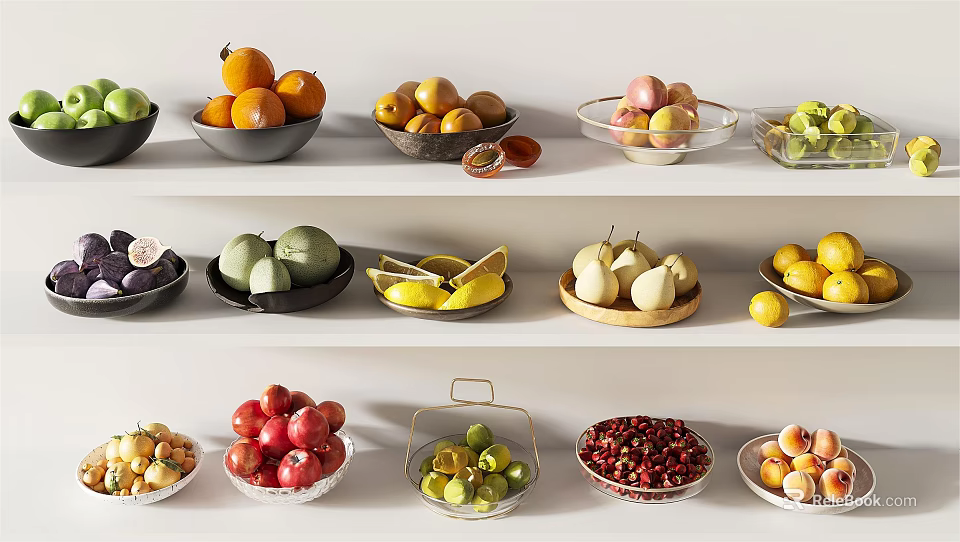 Fresh Colorful Assorted Fruits in Glass and Wooden Bowls on Tiered Shelves 3d model 
