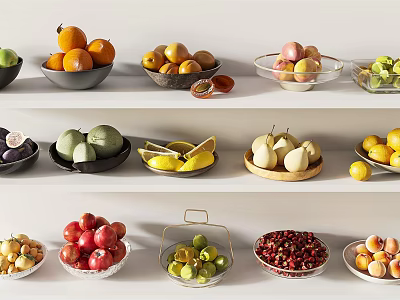 Fresh Colorful Assorted Fruits in Glass and Wooden Bowls on Tiered Shelves 3d model