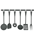 Black Cooking Utensils Hanging On A Kitchen Rail With Various Tools 3d model
