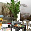 Art Supplies and Musical Instruments with Easels Canvas Paints Brushes and Potted Plant