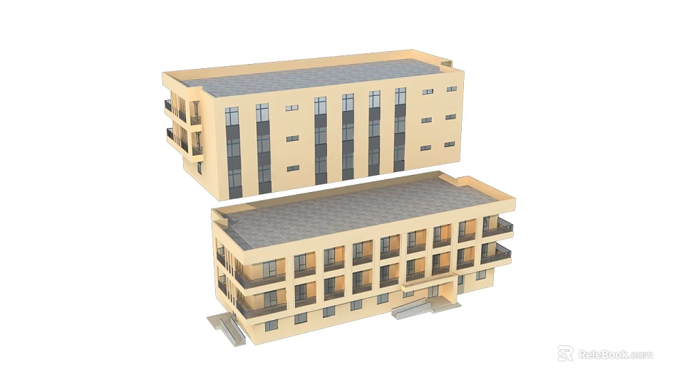 Two Story School Building With Gray Roof Beige Exterior Multiple Windows And Balconies 3d model 