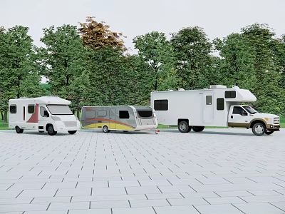 Three RVs and Pickup Truck Parked in Outdoor Area with Green Trees 3d model