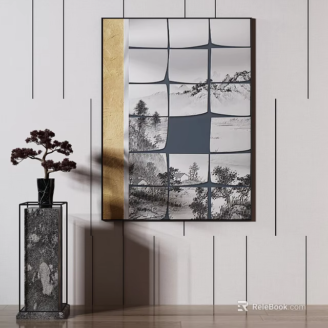 Modern Interior Decor With Collage Wall Art Vase And Potted Plant 3d model