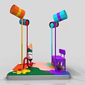 Colorful Playground Installation With Poles Purple Chair And Paint Splatters On Floor