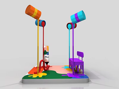 Colorful Playground Installation With Poles Purple Chair And Paint Splatters On Floor 3d model