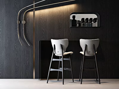 Modern Bar Counter with Dark Wood Wall Curved Light Mirror and Two White Bar Stools 3d model