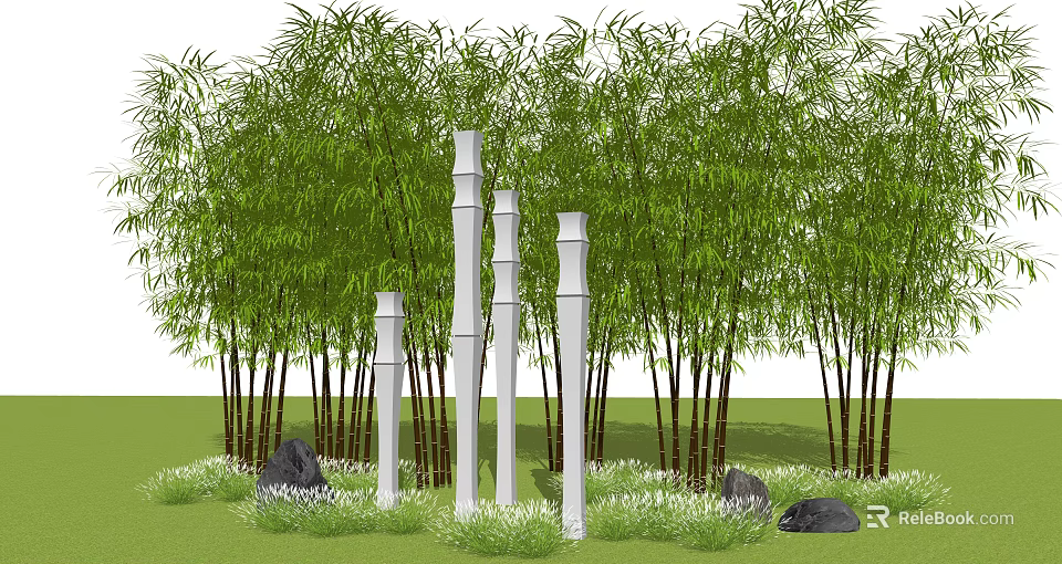 Lush Green Bamboo Garden with White Bamboo-like Pillars Grass and Stones 3d model 