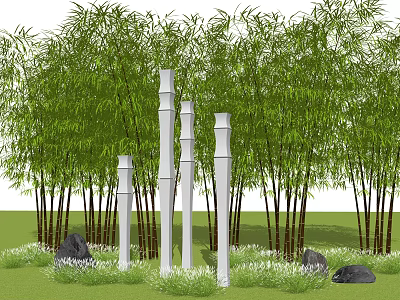 Lush Green Bamboo Garden with White Bamboo-like Pillars Grass and Stones 3d model