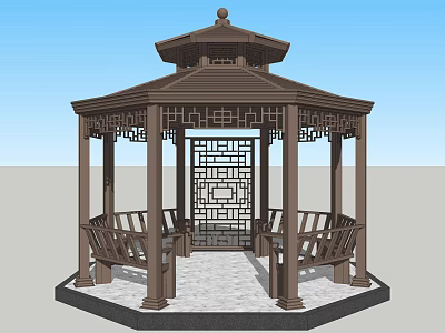 Traditional Chinese Octagonal Wooden Pavilion With Double Roof Carved Windows And Benches 3d model