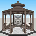 Traditional Chinese Octagonal Wooden Pavilion With Double Roof Carved Windows And Benches
