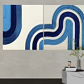 Two Panel Abstract Canvas With Blue White Wavy Lines Beige Background Interior Decor 3d model