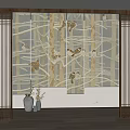 New Chinese-style Rolling Curtain Flower and Bird Painting Gauze Curtain Partition 3d model