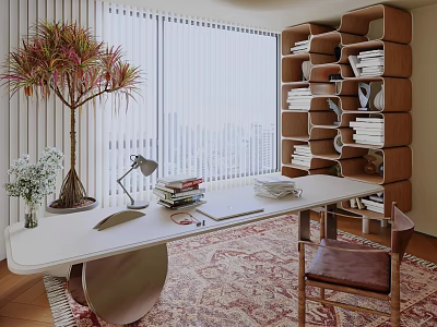 Modern White Desk and Chair Set with Table Lamp Books and City View Through Window 3d model