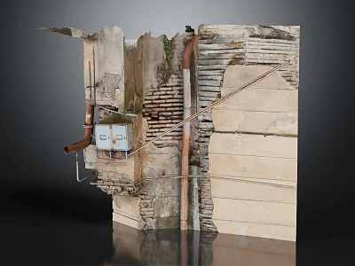 Old Ruined Wall Fragment With Stone Brick Structure And Exposed Metal Pipes 3d model