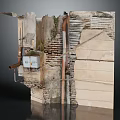 Old Ruined Wall Fragment With Stone Brick Structure And Exposed Metal Pipes