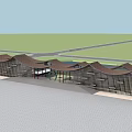 Modern Commercial Complex With Wavy Roof Wooden Facade And Glass Curtain Wall