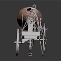 Vintage Rustic Metal Mechanical Vehicle With Large Horn Shaped Part And Ornate Frame Wheels