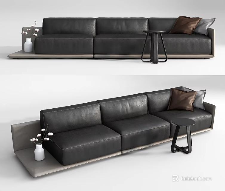 Modern Black Leather Three Seater Sofa With Side Table And Decorative Vase 3d model