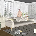 Modern double sofa cream sofa coffee table combination 3d model