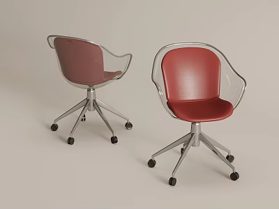 Modern Red Leather Office Chairs with Transparent Armrests Metal Base and Swivel Wheels 3d model