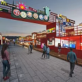 Vibrant Commercial Street With Colorful Buildings Neon Signs And Outdoor Dining Areas