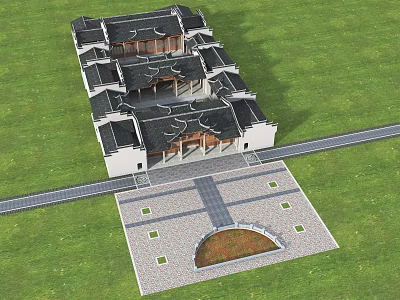 Ancient Chinese Architecture Aerial View With Black Roofs White Walls Green Grassland And Brick Square 3d model