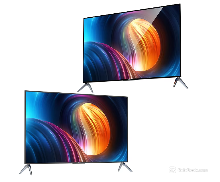 Two Modern Flat Screen Televisions With Vibrant Colorful Abstract Display And Silver Stands 3d model 