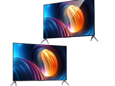 Two Modern Flat Screen Televisions With Vibrant Colorful Abstract Display And Silver Stands 3d model