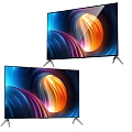 Two Modern Flat Screen Televisions With Vibrant Colorful Abstract Display And Silver Stands