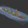 Detailed Battleship Model Floating on Blue Water Surface with Turrets and Chimney