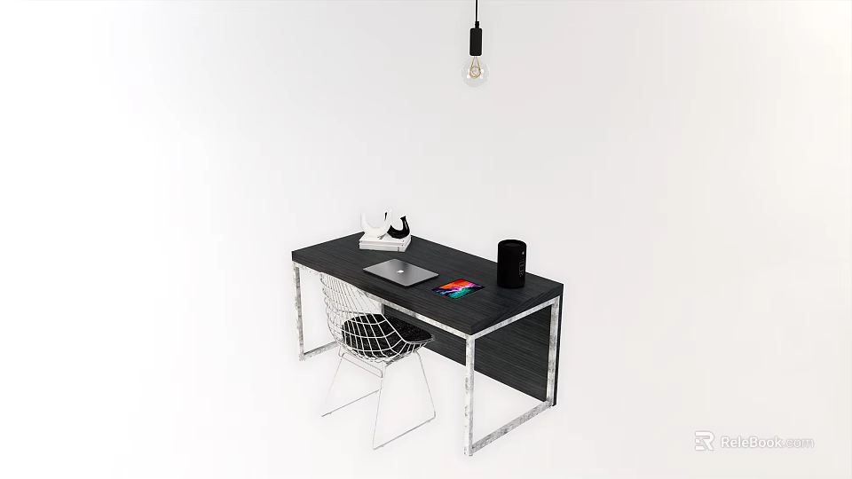 Black Office Desk With Metal Frame Wire Chair Laptop Cup Colorful Notepad Hanging Light Bulb 3d model 
