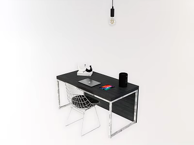 Black Office Desk With Metal Frame Wire Chair Laptop Cup Colorful Notepad Hanging Light Bulb 3d model