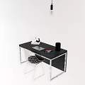 Black Office Desk With Metal Frame Wire Chair Laptop Cup Colorful Notepad Hanging Light Bulb