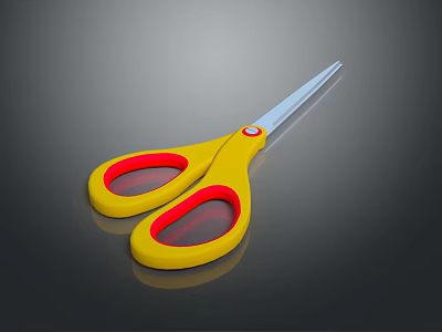 Yellow Scissors With Red Grip Handles And Shiny Metal Blades On Dark Surface 3d model